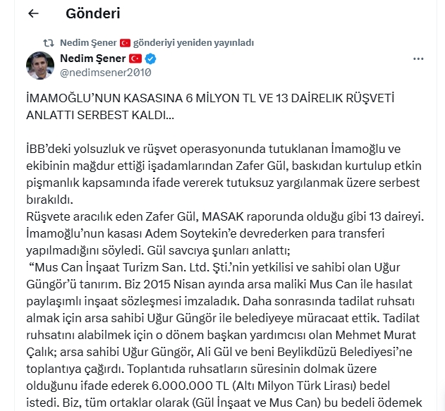 İMAMOĞLU’NUN KASASINA 6 MİLYON TL VE 13 DAİRELIK RÜŞVETİ ANLATTI SERBEST KALDI…