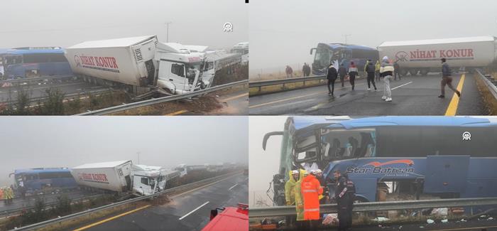 Şanlıurfa'da otobüs ve 2 tırın karıştığı kazada, 1 kişi öldü, 15 kişi yaralandı