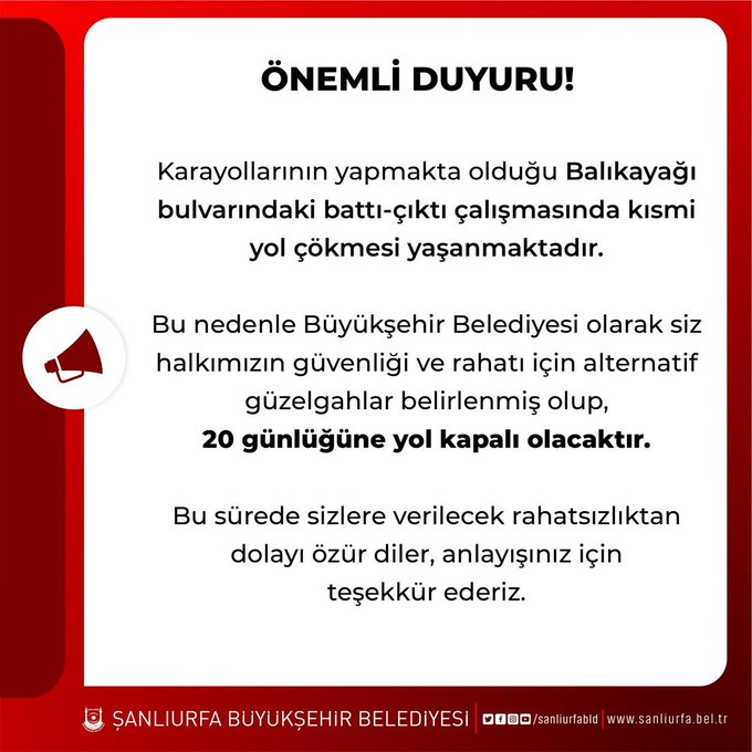 Şanlıurfa’da Köprü Kapatma ve Alternatif Yol Duyurusu