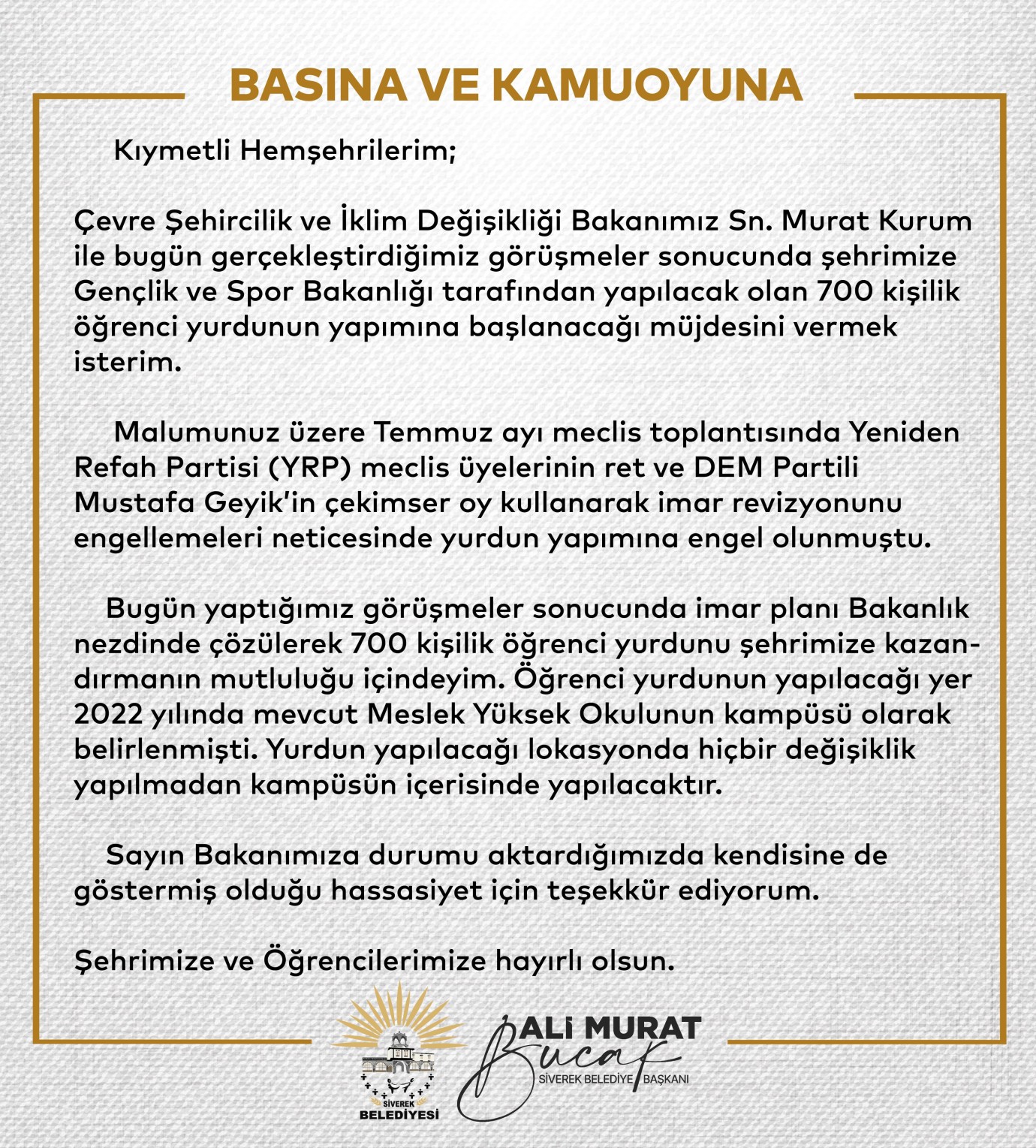 700 Kişilik Öğrenci Yurdu Müjdesi