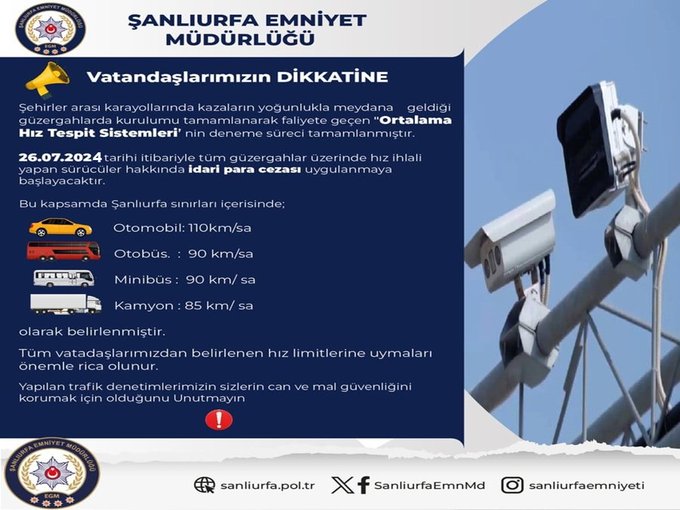 Şanlıurfa'da Ortalama Hız Tespit Sistemleri Faaliyete Geçiyor