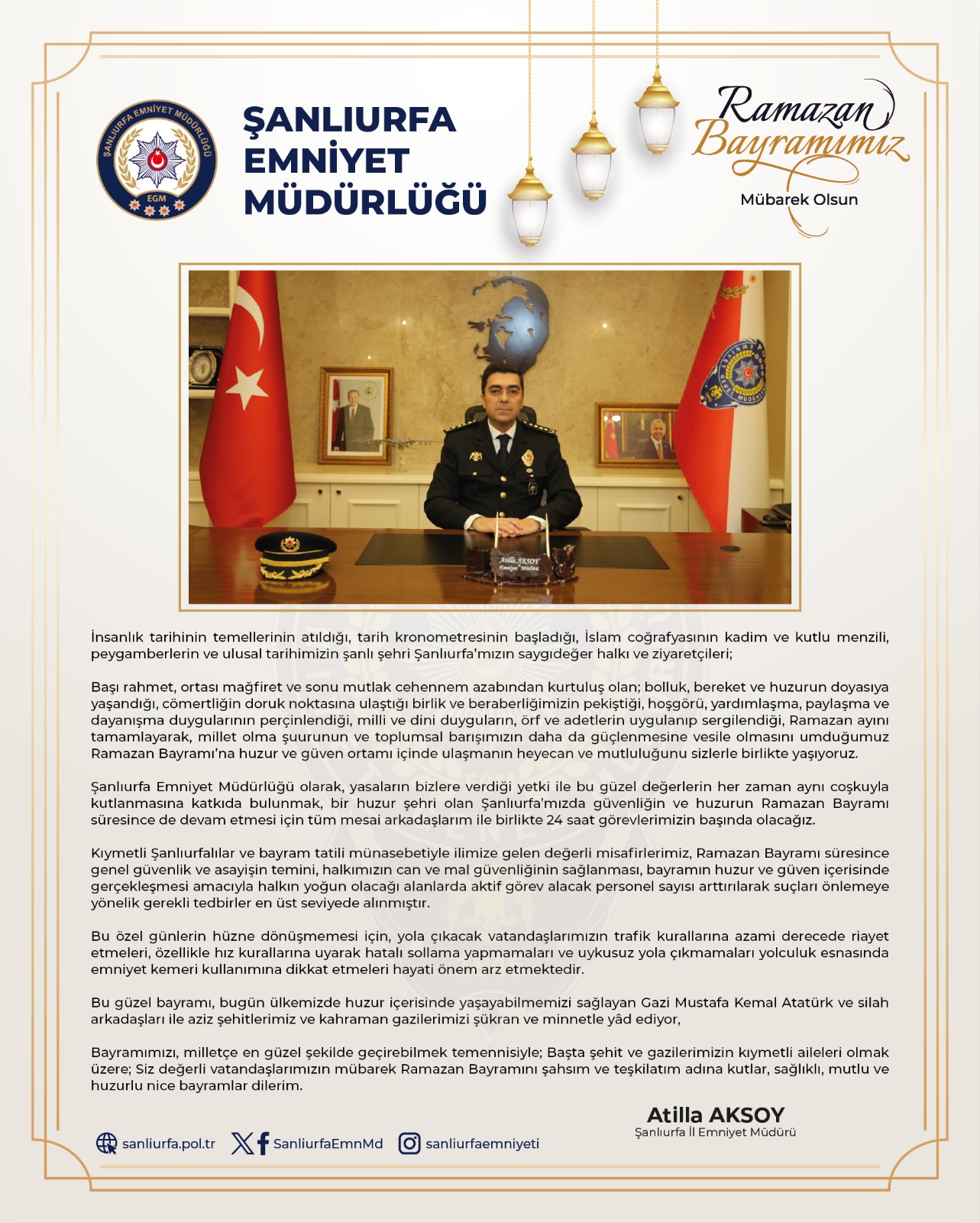 Şanlıurfa Emniyet Müdürü Aksoy'dan Bayram Mesajı