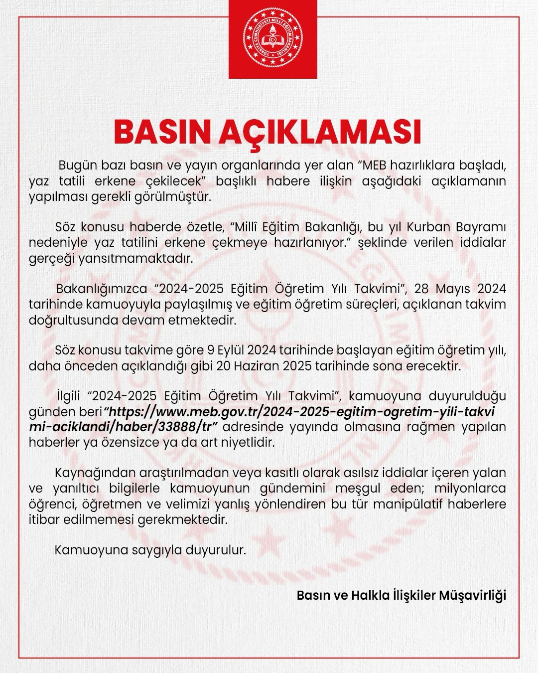 MEB'den “Yaz Tatili Erkene Çekilecek” Haberlerine Yalanlama