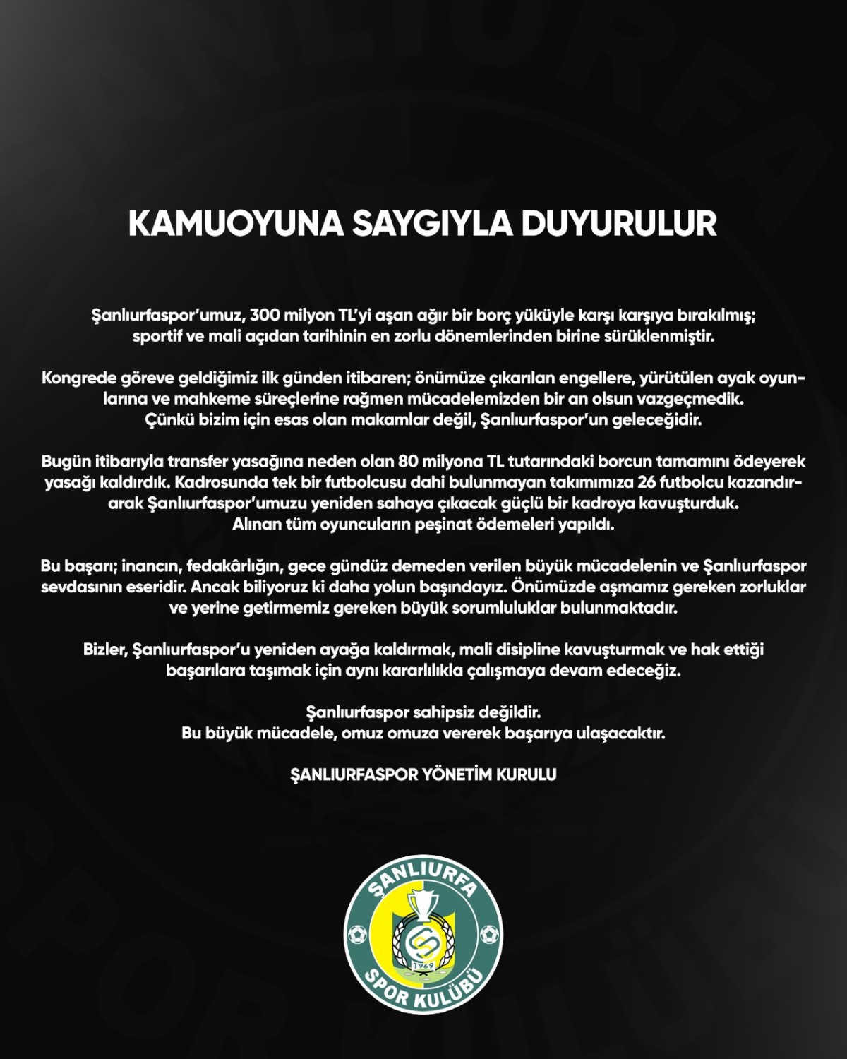 Şanlıurfaspor’dan Borç ve Transfer Yasağı Açıklaması