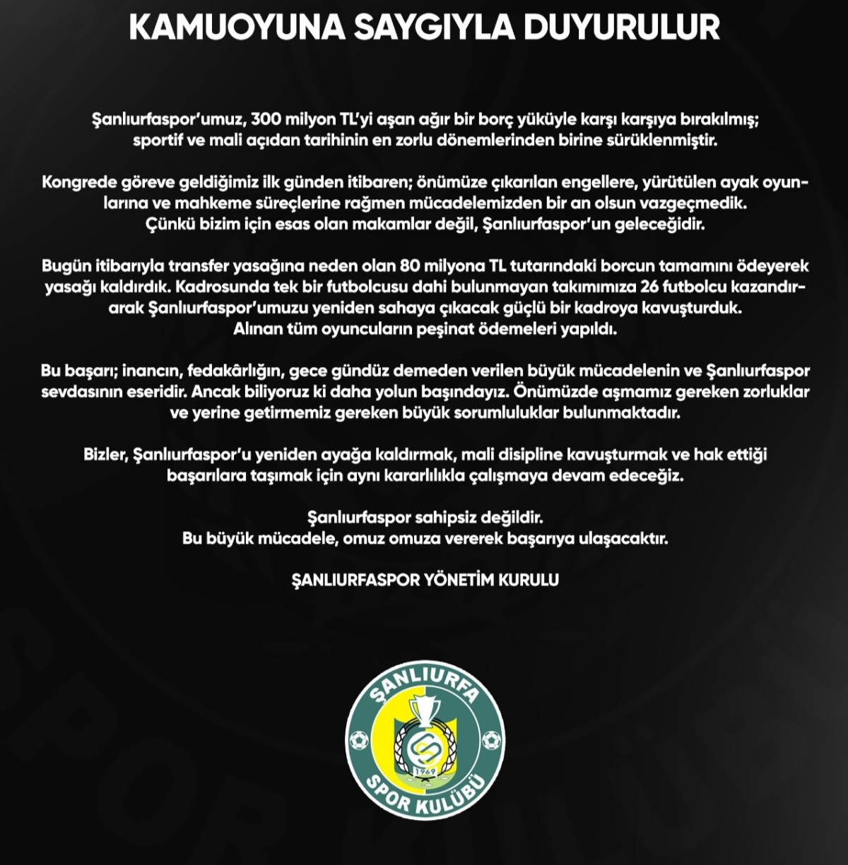 Şanlıurfaspor’dan Borç ve Transfer Yasağı Açıklaması