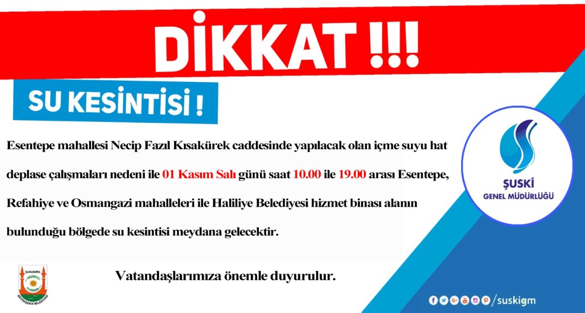 Şanlıurfa'da 4 Mahallede Su Kesintisi Yaşanacak