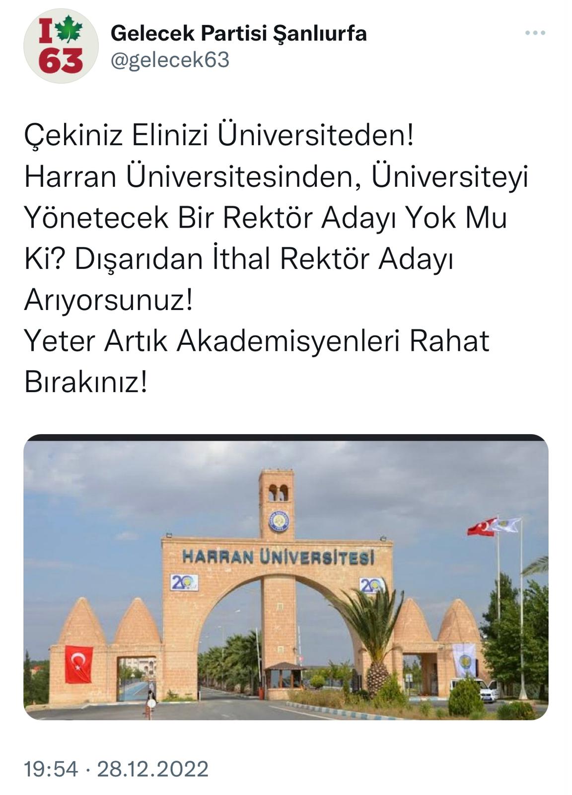 Gelecek Partisinden Tepki; Çekin Ellerinizi Harran Üniversitesinden!