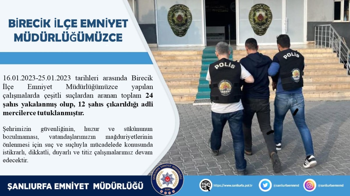 Birecik'te Aranan 24 Şahıs Yakalandı: 12 Tutuklama