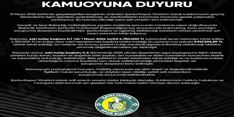 Şanlıurfaspor’dan Eski Yönetime İlişkin Suç Duyurusu Açıklaması